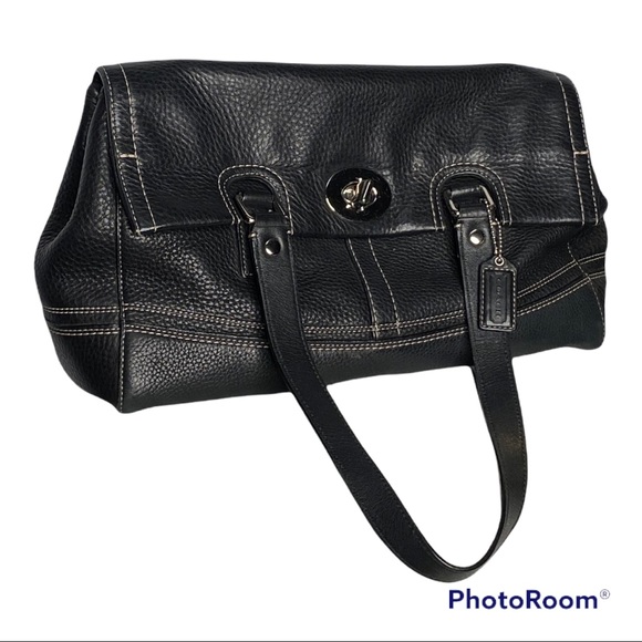 VNTAGE COACH HAMILTON SATCHEL BLACK PEBBLED LEATHER W/ FLAP & SILVER HARDWARE - Picture 2 of 5
